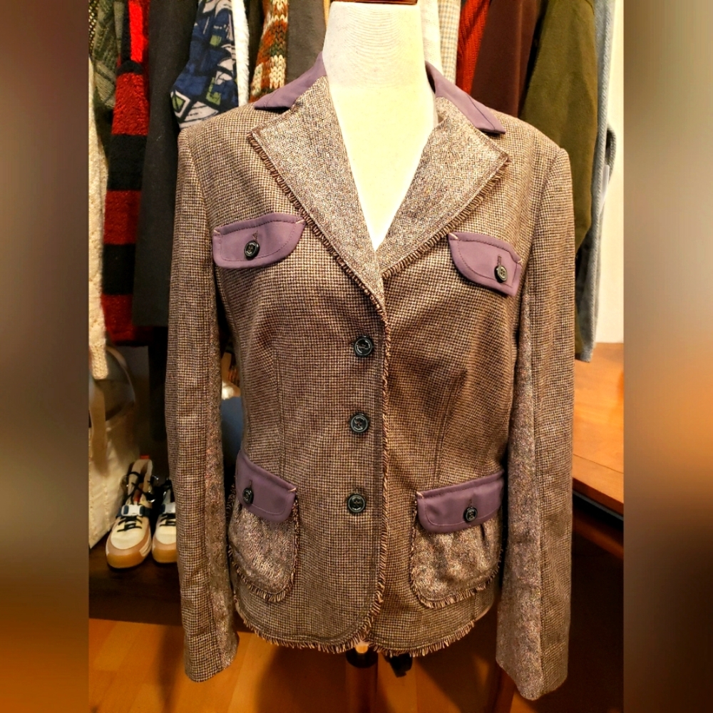 Apriori Brown Tweed Wool Polyester Elastane Button Front Lined Blazer  size 12